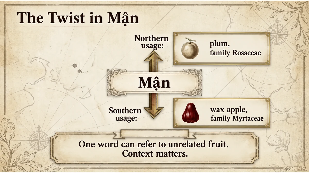 Northern mận: plum. Southern mận: wax apple. Context makes the difference.