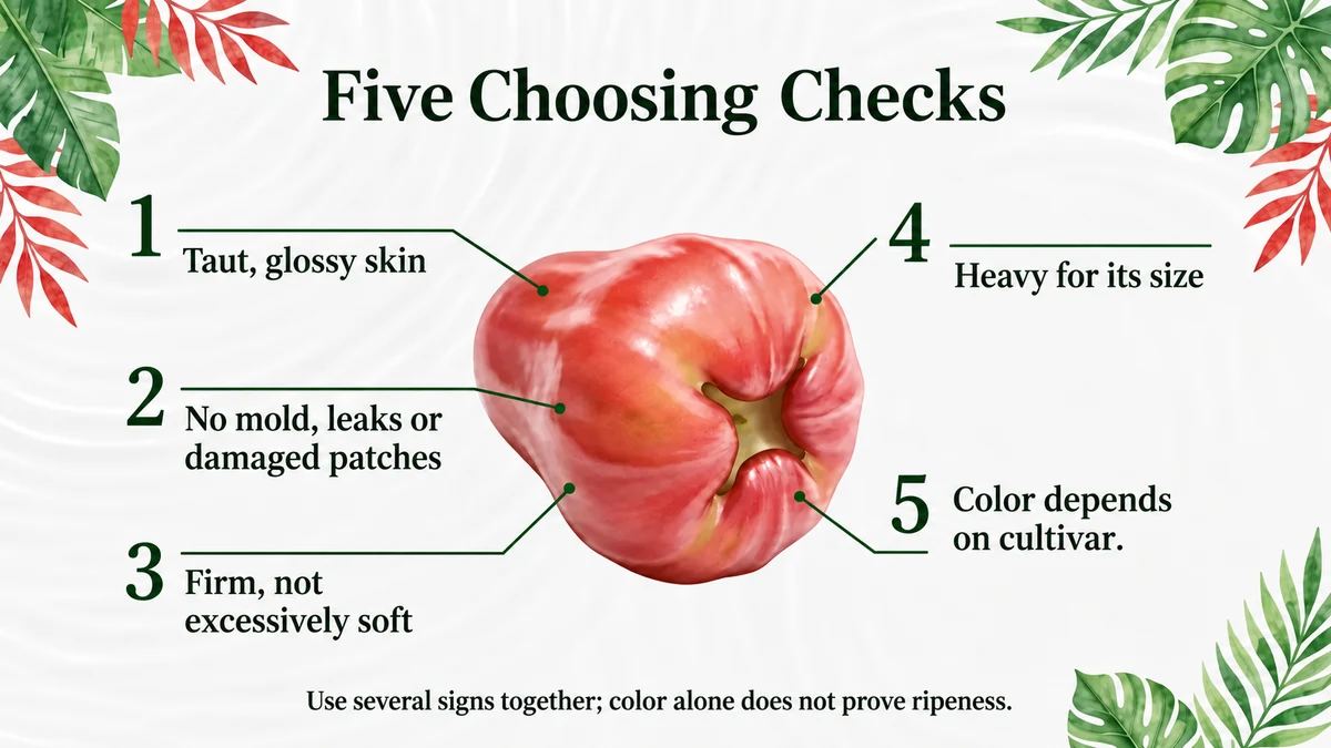 Five checks: skin, condition, firmness, weight and cultivar color.