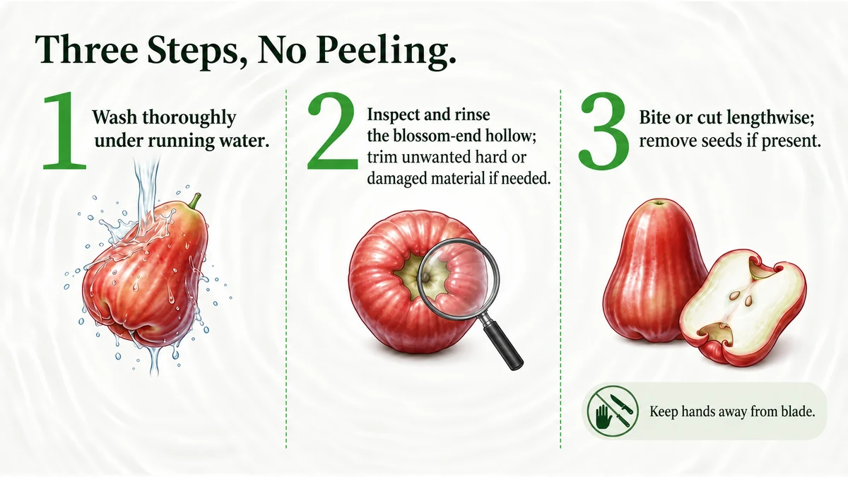 Wash, inspect the blossom end, and eat or cut. No peeling needed.