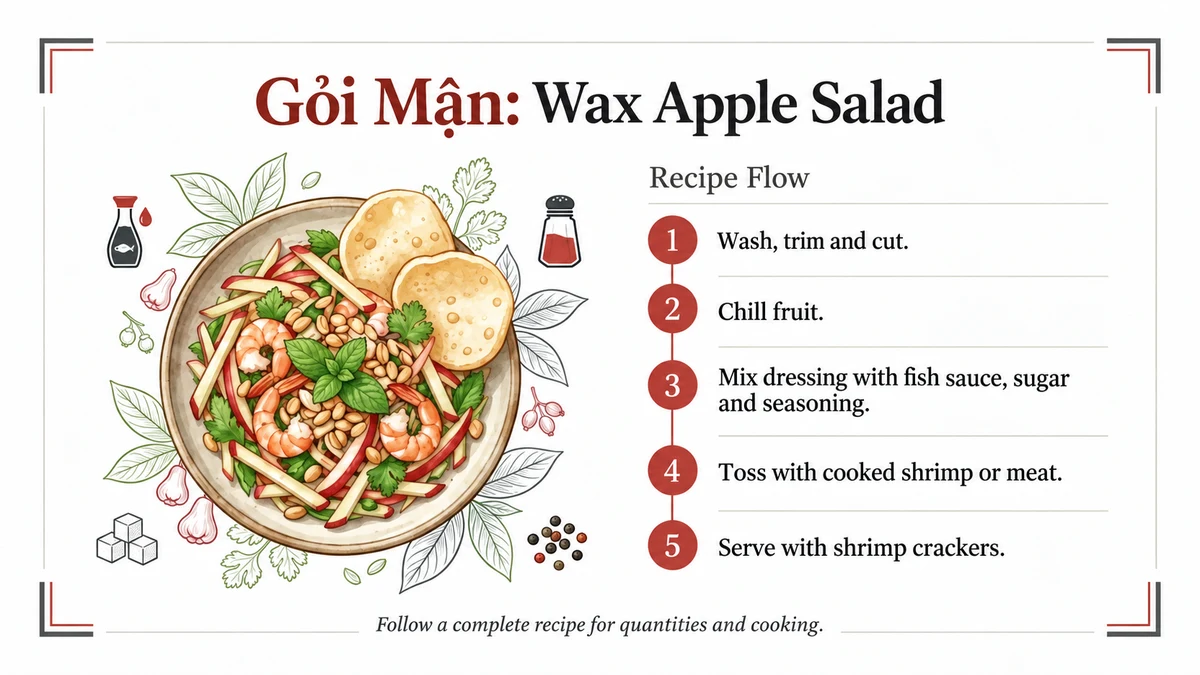 Gỏi mận: prepare the fruit, chill, mix with dressing and cooked additions, then serve.