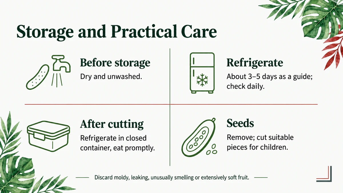 Keep dry, refrigerate, check daily and eat soon. Refrigerate cut fruit and use it promptly.