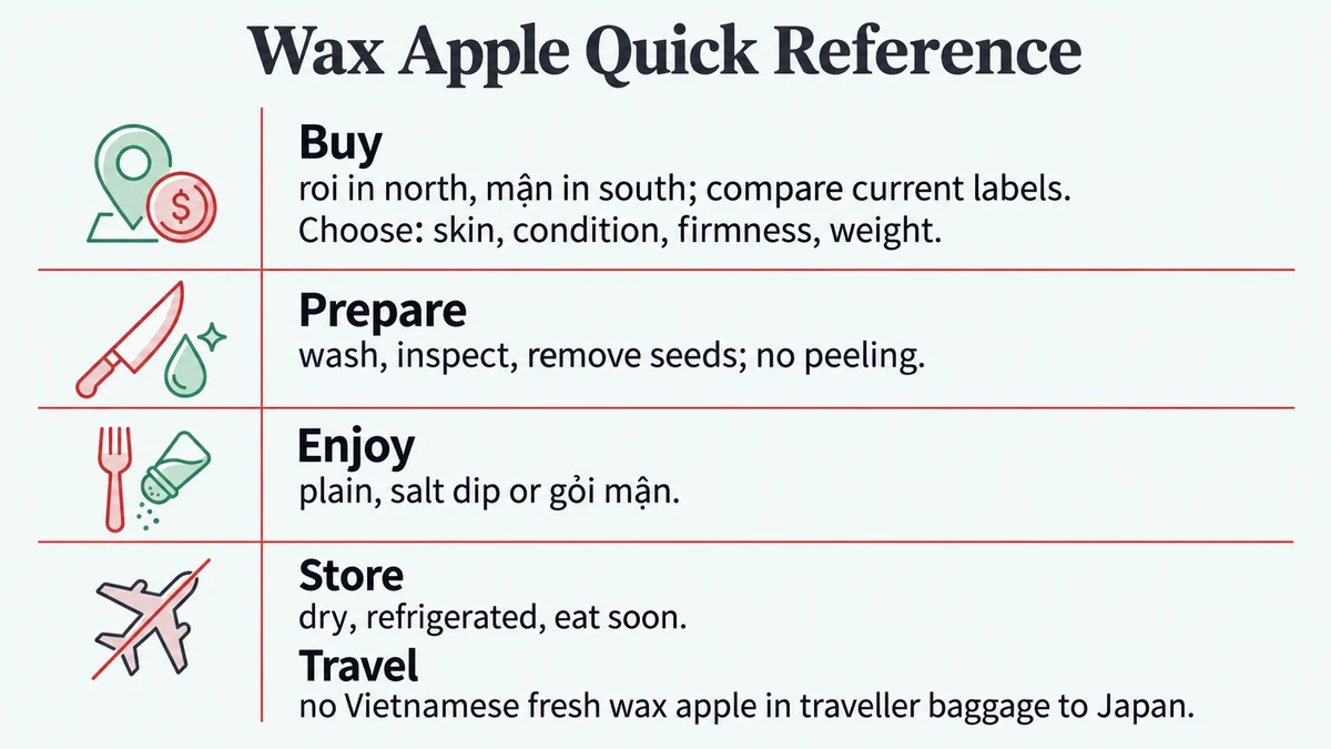 Wax apple quick reference: choosing, washing, serving, storage and Japan travel rules.