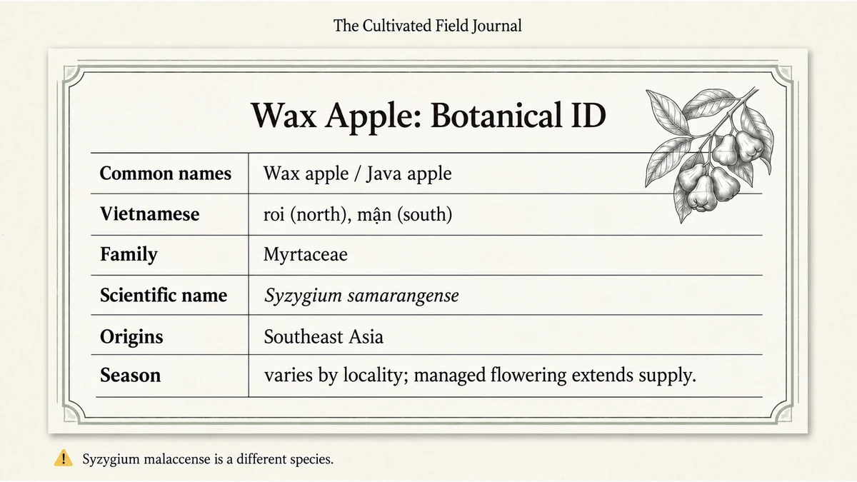 Wax apple belongs to Syzygium samarangense. The related red-flowered roi hoa đỏ, Syzygium malaccense, is a different species.