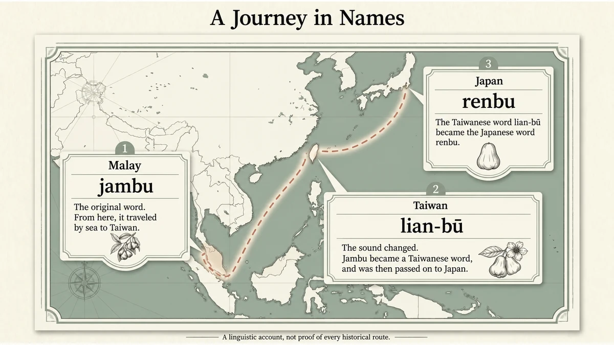 The name jambu was adapted in Taiwan before contributing to the Japanese name renbu.
