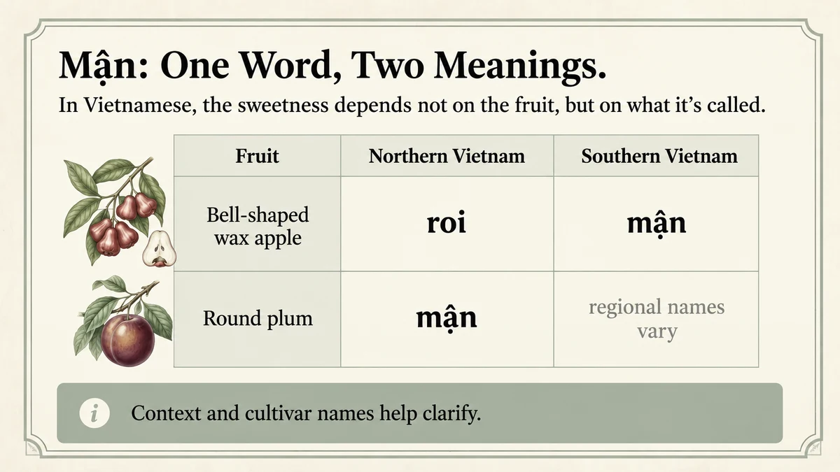 The names diverge: northern mận means plum, while southern mận can mean wax apple.