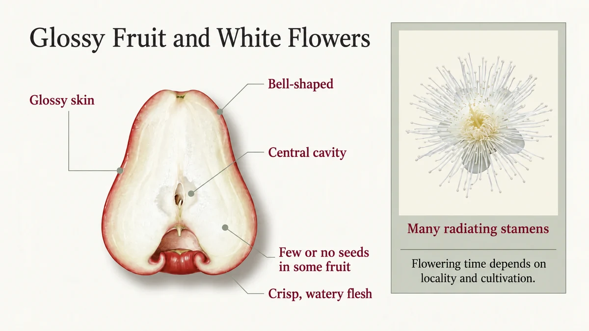 A wax apple cross-section often reveals a central cavity. The white flower has numerous radiating stamens.