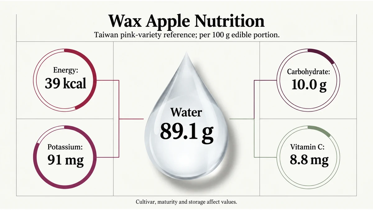 Around nine-tenths water: reference values for Taiwan’s pink wax apple entry, not every cultivar.