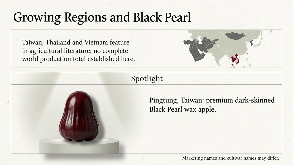 Taiwan, Thailand and Vietnam are among the growing areas discussed in the literature. Pingtung’s Black Pearl is a well-known premium wax apple.