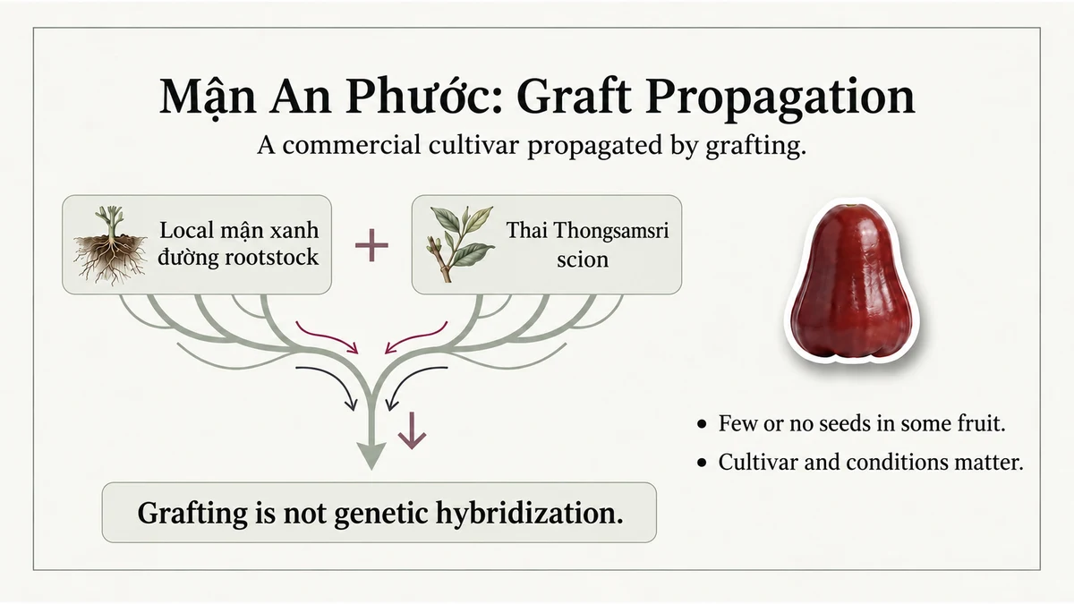 Accounts of Mận An Phước describe a Thai selection grafted onto local rootstock. Grafting does not by itself create a genetic hybrid.