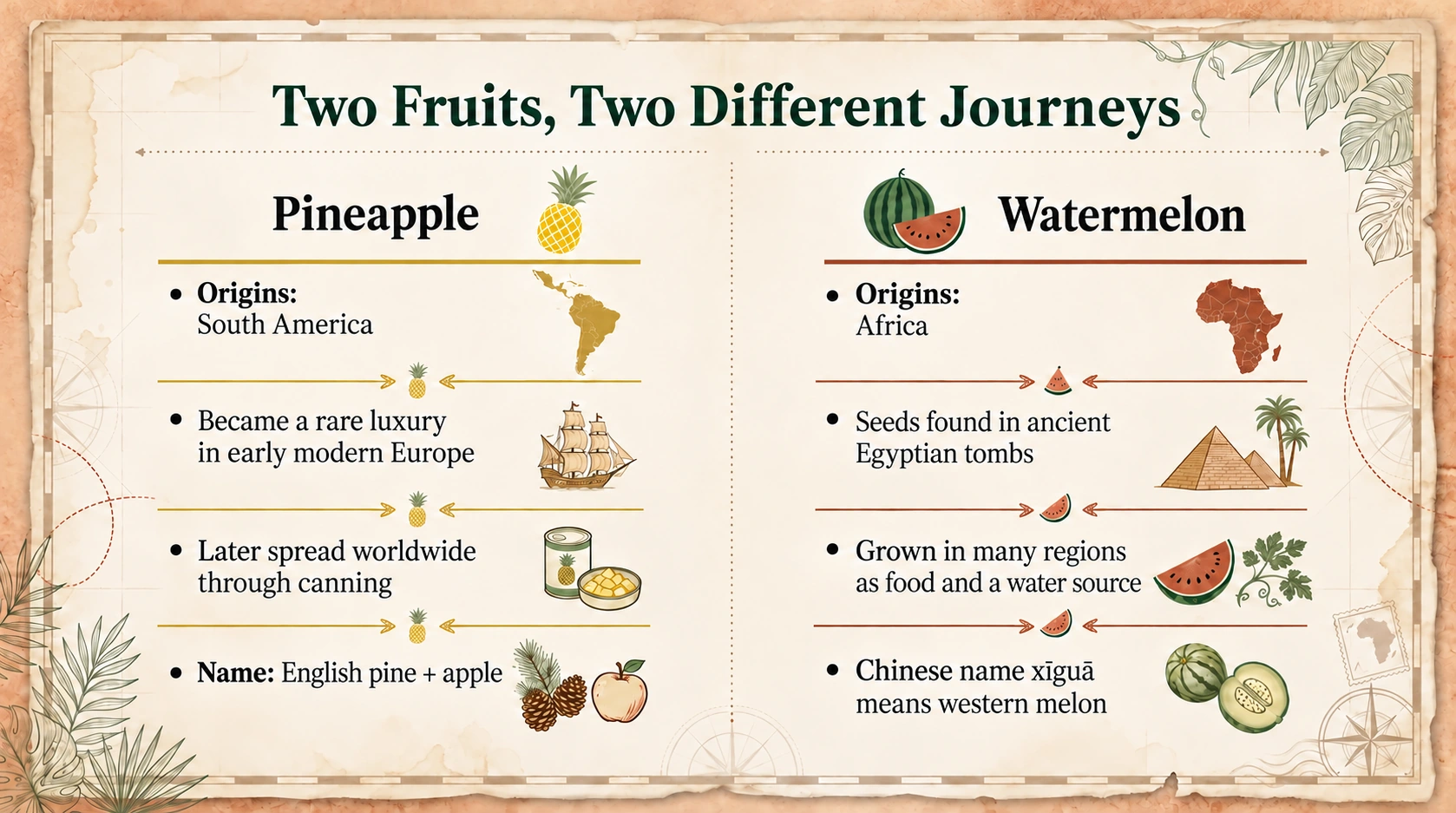Pineapple and watermelon: origins, cultural associations and names.