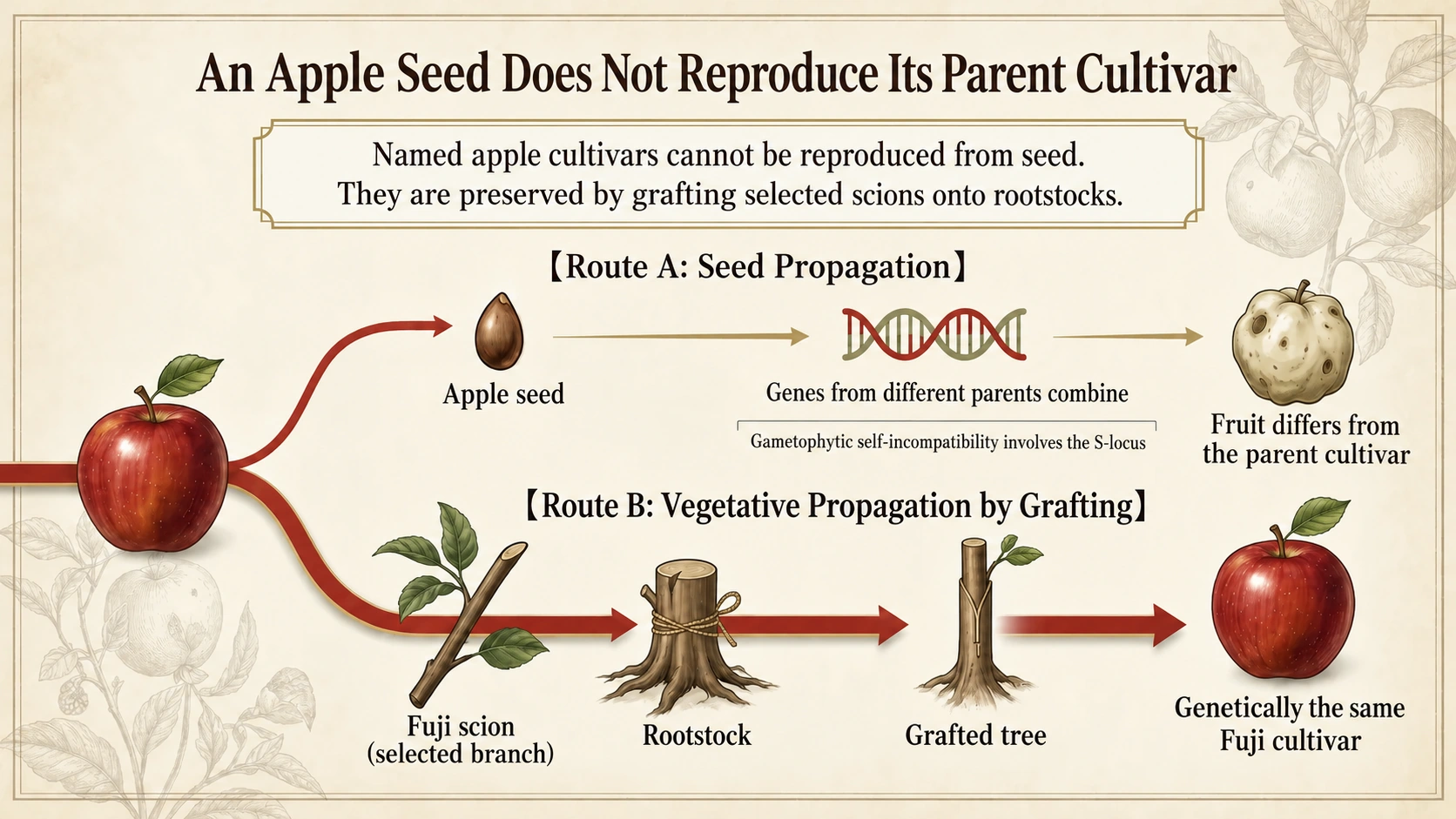 Seed propagation and grafting: why a seed does not reproduce an apple cultivar