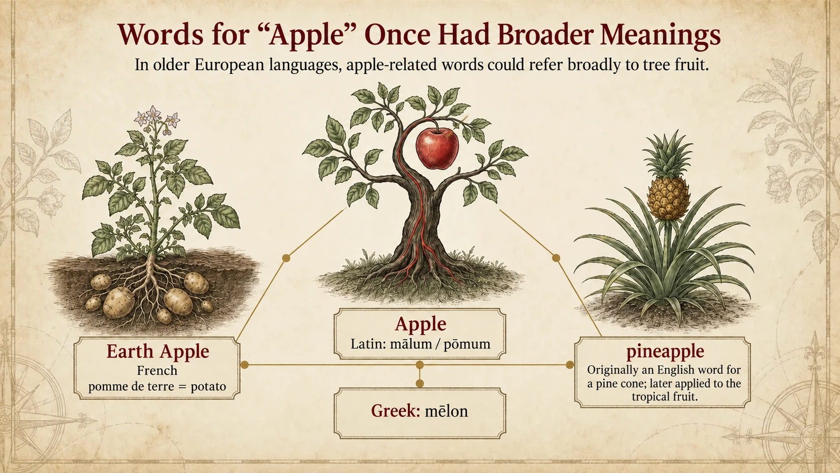 Apple-related words in Latin, Greek, French and English