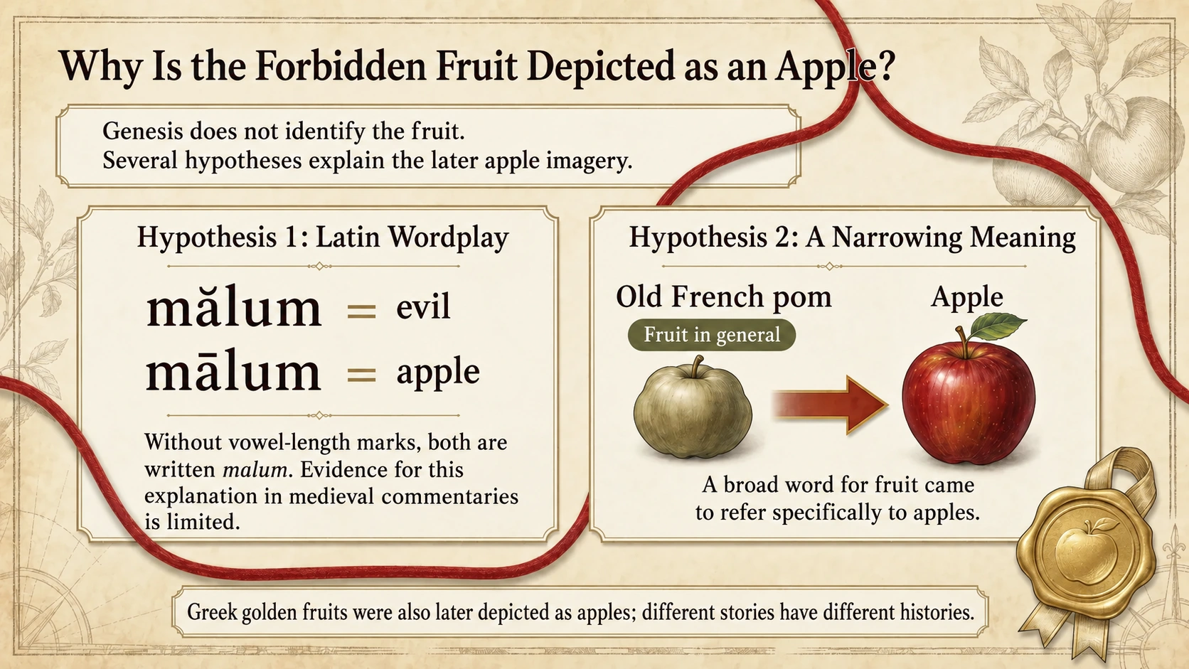 Two hypotheses about why the forbidden fruit came to be depicted as an apple