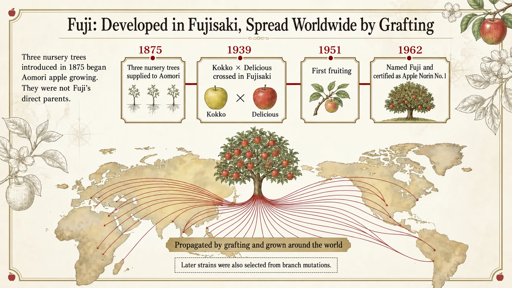 Fuji’s development in Fujisaki and worldwide spread through grafting