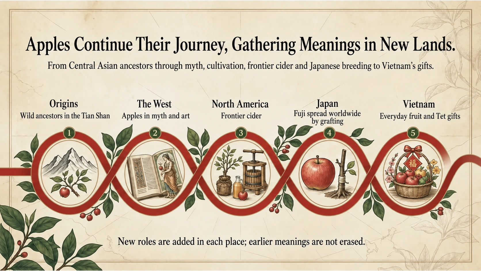 Apple meanings across Central Asia, the West, America, Japan and Vietnam
