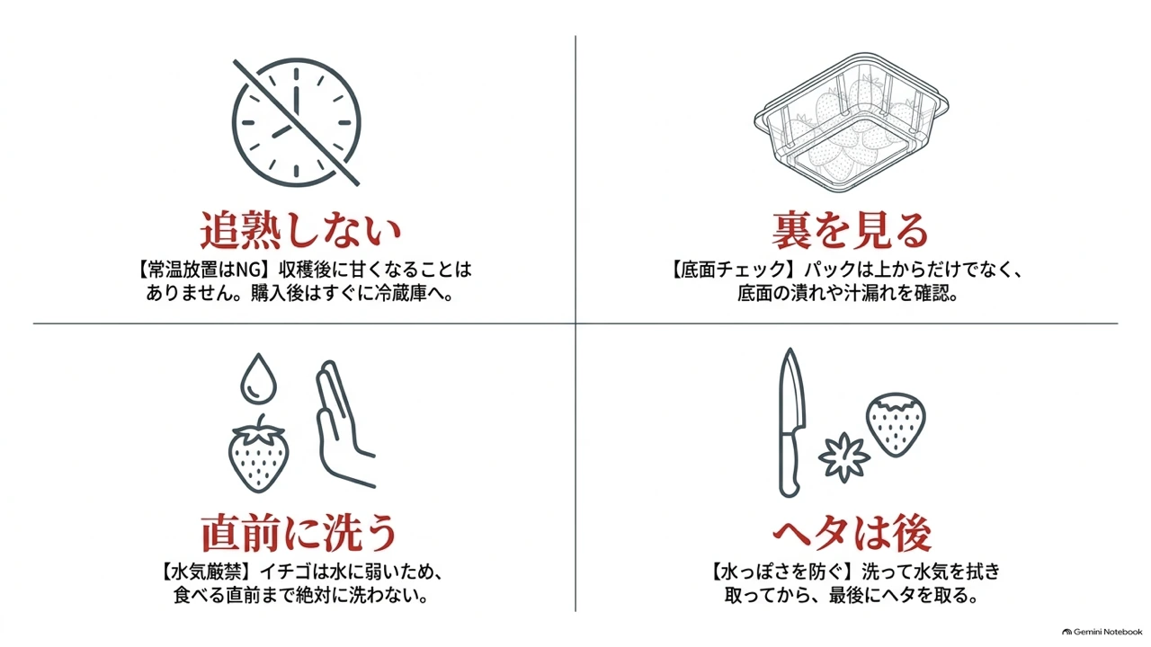 追熟しない・裏を見る・直前に洗う・ヘタは後、という4つの実用ポイントを四象限にまとめた図