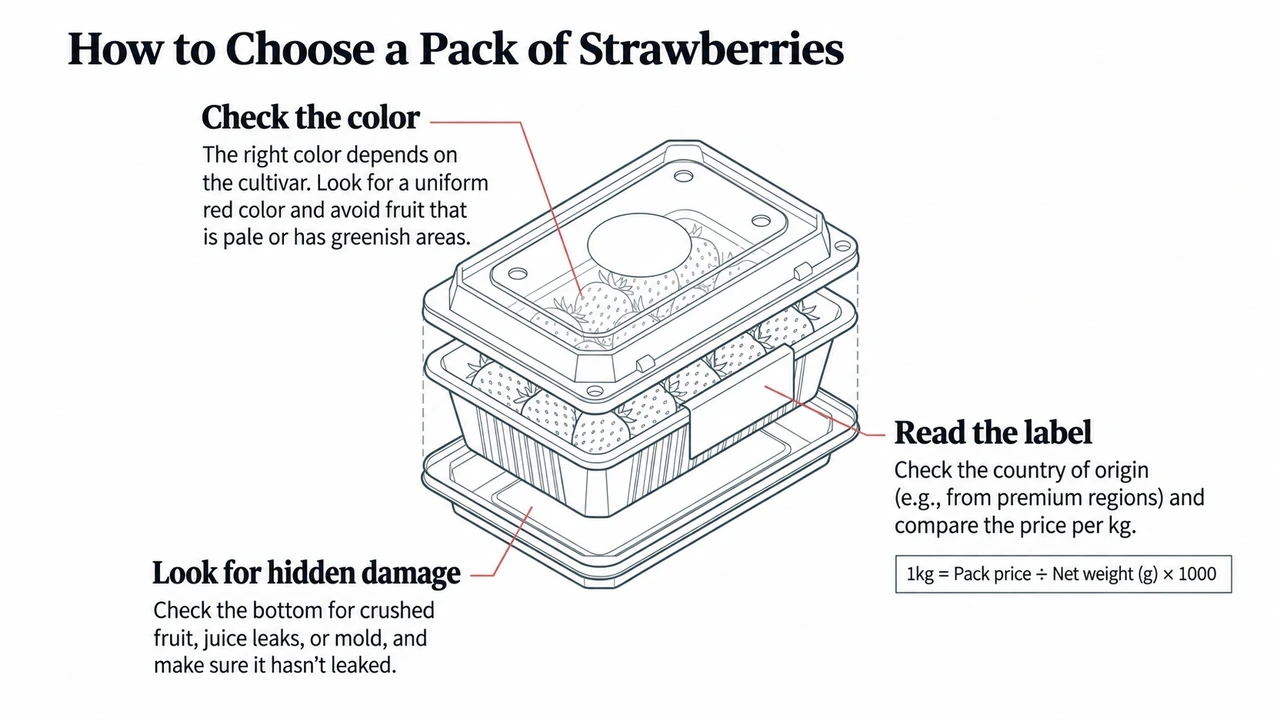 Three checks for a strawberry pack: appropriate color, hidden damage and label details