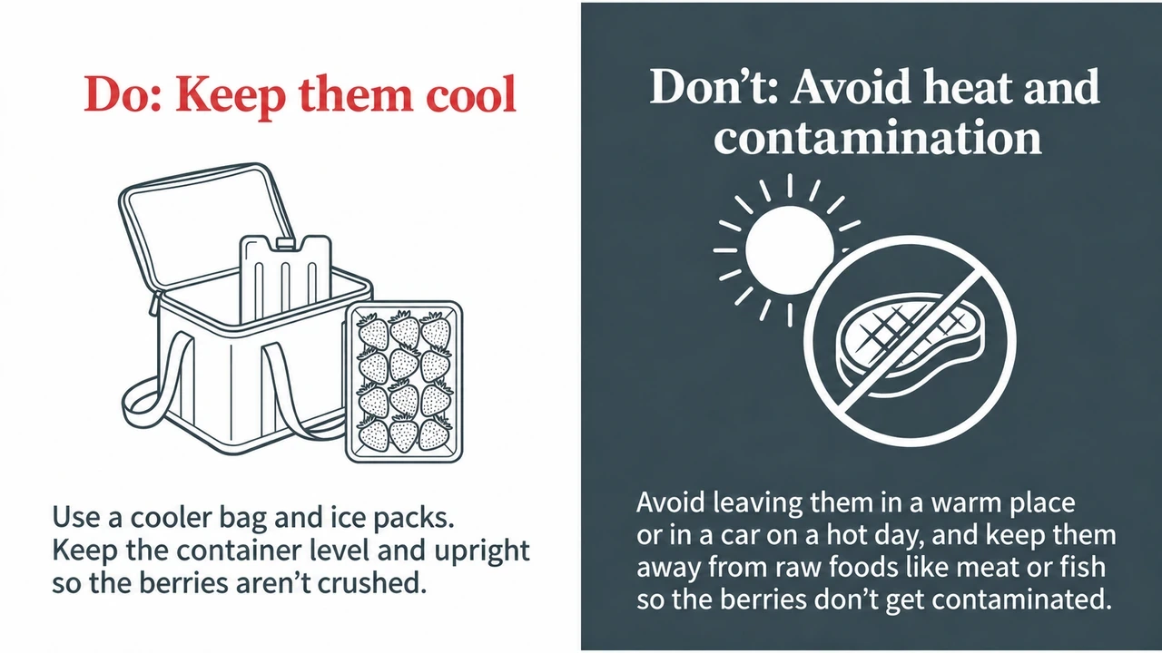Transport strawberries upright in an insulated bag and away from raw meat or fish