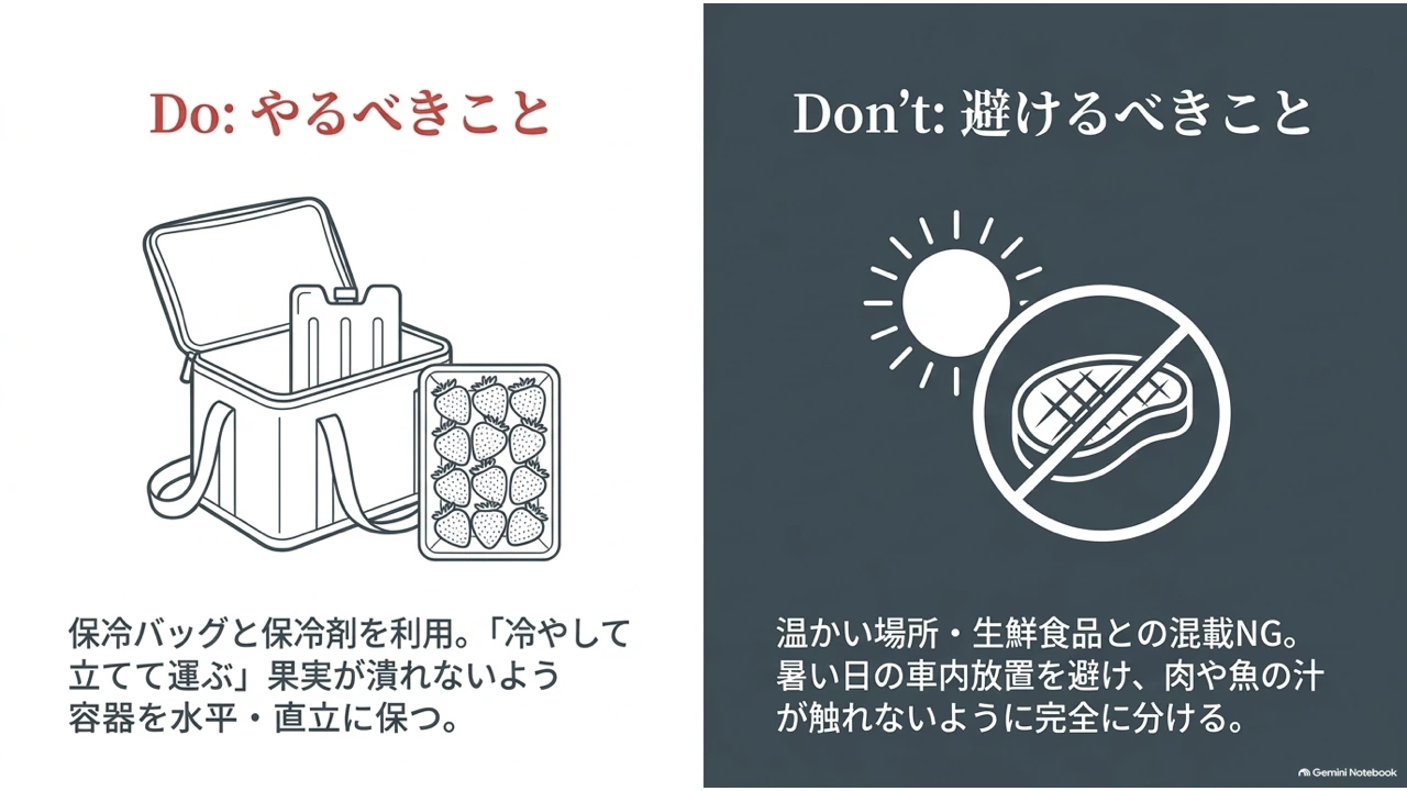 保冷バッグと保冷剤を使い、果実をつぶさないよう容器を立てて運ぶ例と、暑い場所への放置や生肉・魚との混載を避ける例を並べた図