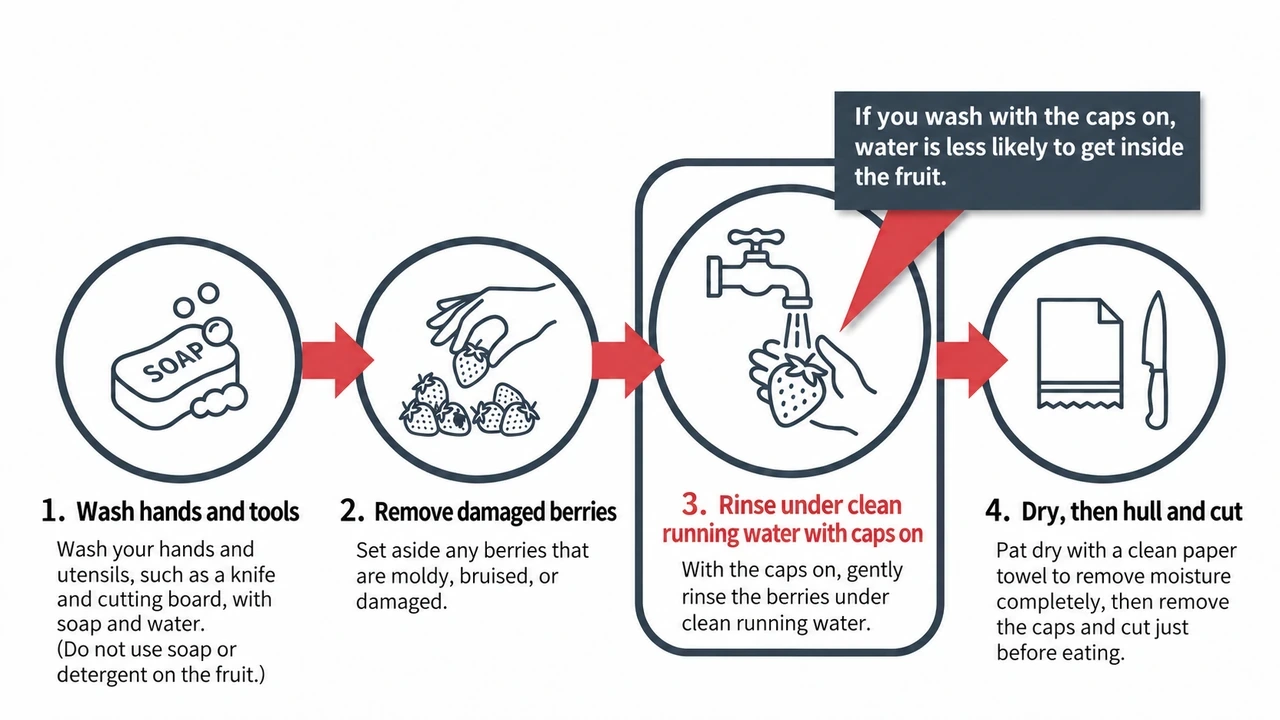 Five steps from clean hands and sorting to washing, drying and hulling
