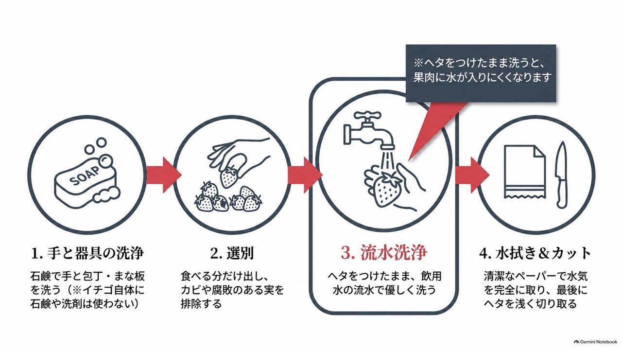 手と器具の洗浄、選別、ヘタをつけたままの流水洗浄、水拭きとカットの4手順を示す図
