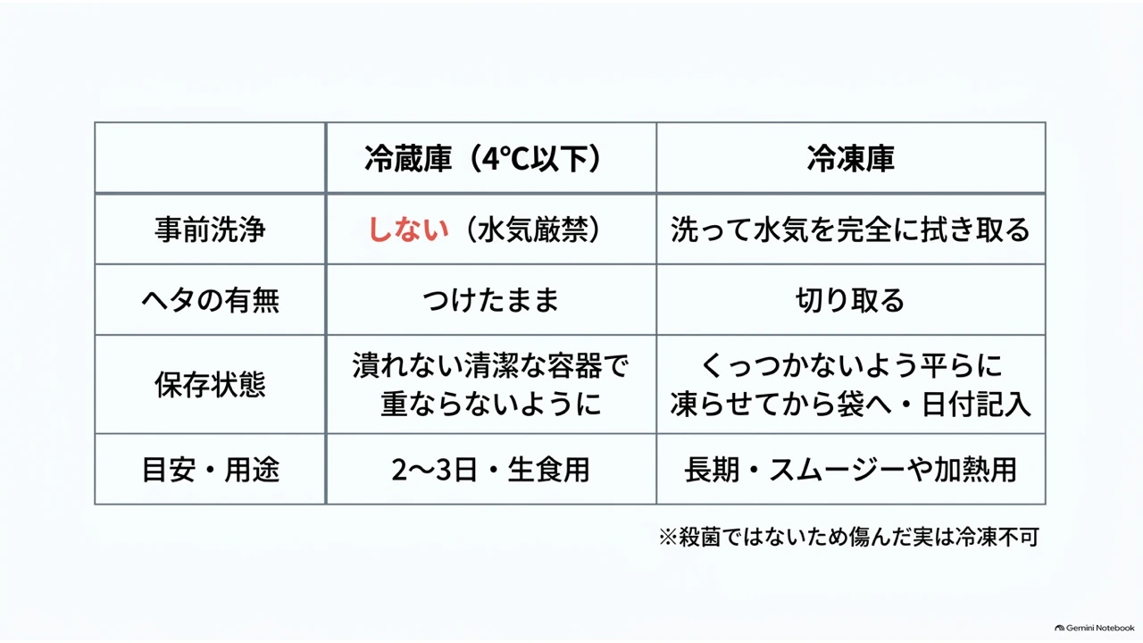 冷蔵庫（4℃以下）と冷凍庫について、洗浄・ヘタの有無・保存状態・目安と用途を並べた比較表