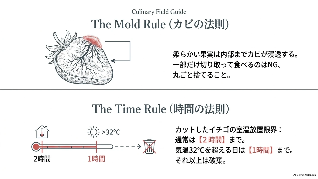 柔らかい果実は内部までカビが浸透するため一部だけ切り取って食べるのはNGで丸ごと捨てるという「カビの法則」と、カットしたイチゴの室温放置は通常2時間・32℃超で1時間までという「時間の法則」を示す図