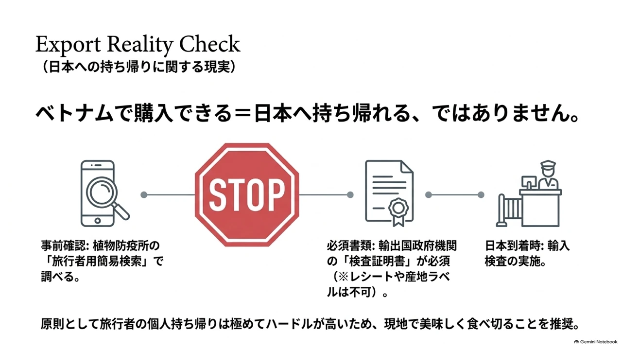 ベトナムで購入できても日本へ持ち帰れるとは限らないことを示す図。事前確認（植物防疫所の旅行者用簡易検索）、必須書類（輸出国政府機関の検査証明書。レシートや産地ラベルは不可）、日本到着時の輸入検査という3段階を示す