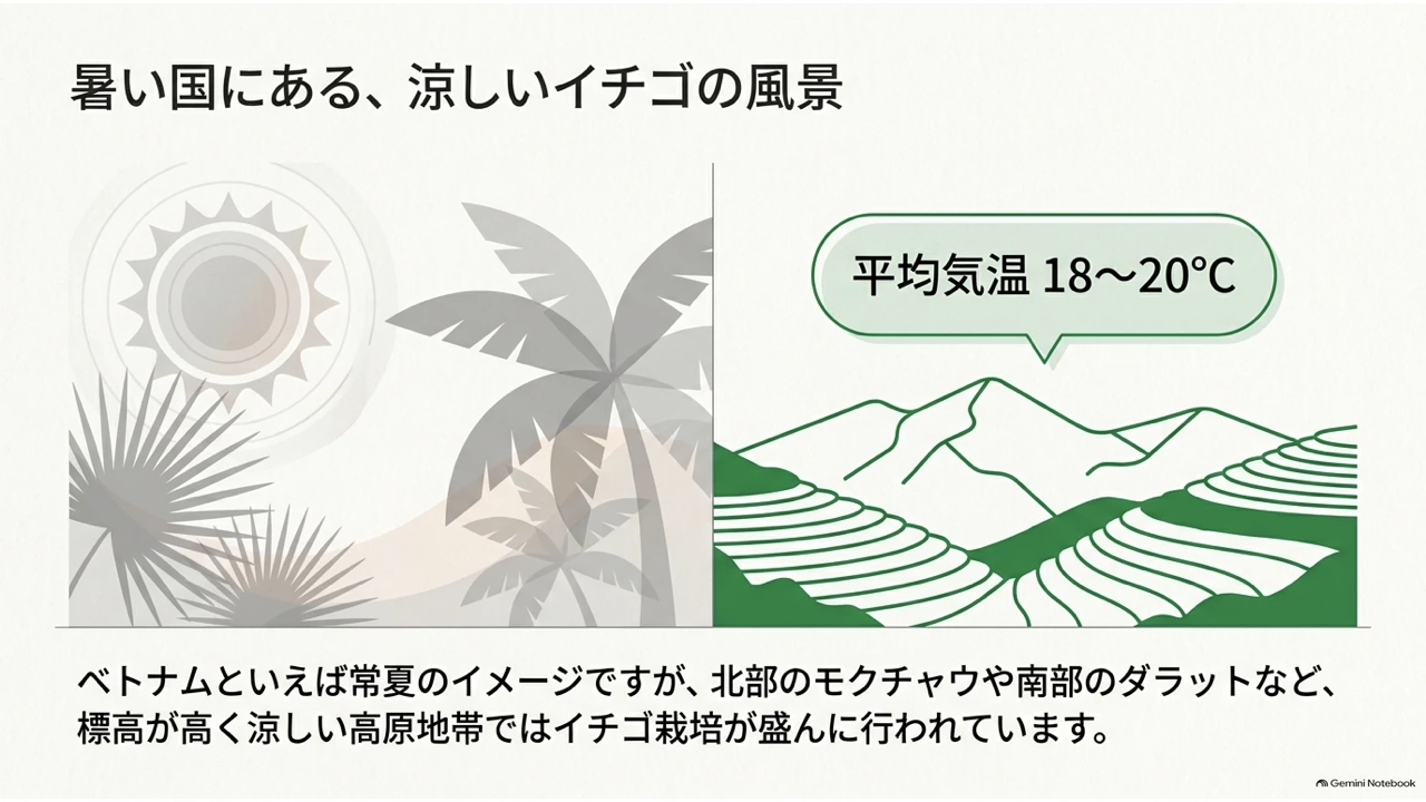 常夏のイメージのベトナムと、標高の高い高原地帯を対比したイラスト。モクチャウ・ダラットの平均気温18〜20℃を示す
