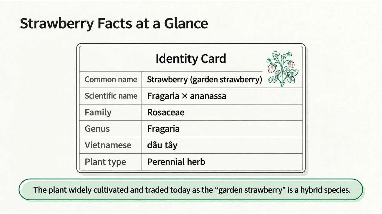 Strawberry identification card with English and Vietnamese names, classification and growth habit