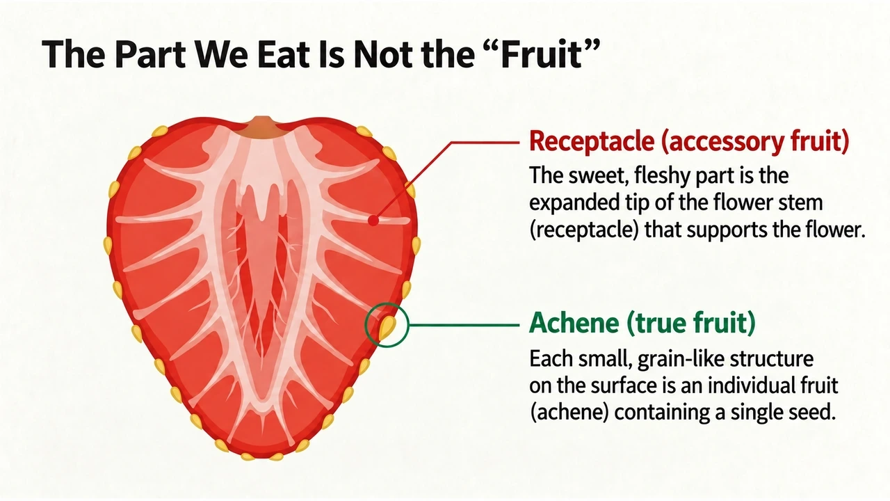 Cross-section showing the enlarged receptacle and the achenes on a strawberry