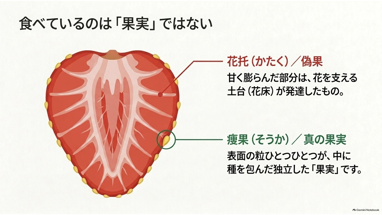 イチゴの断面図。甘く膨らんだ花托（偽果）の部分と、表面の粒である痩果（真の果実）を示した図解
