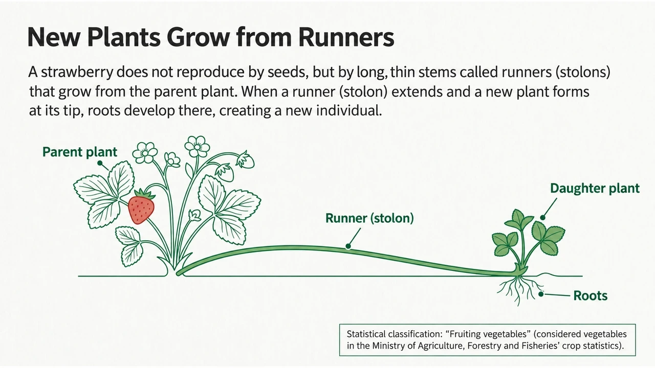 A parent strawberry plant producing daughter plants along a runner
