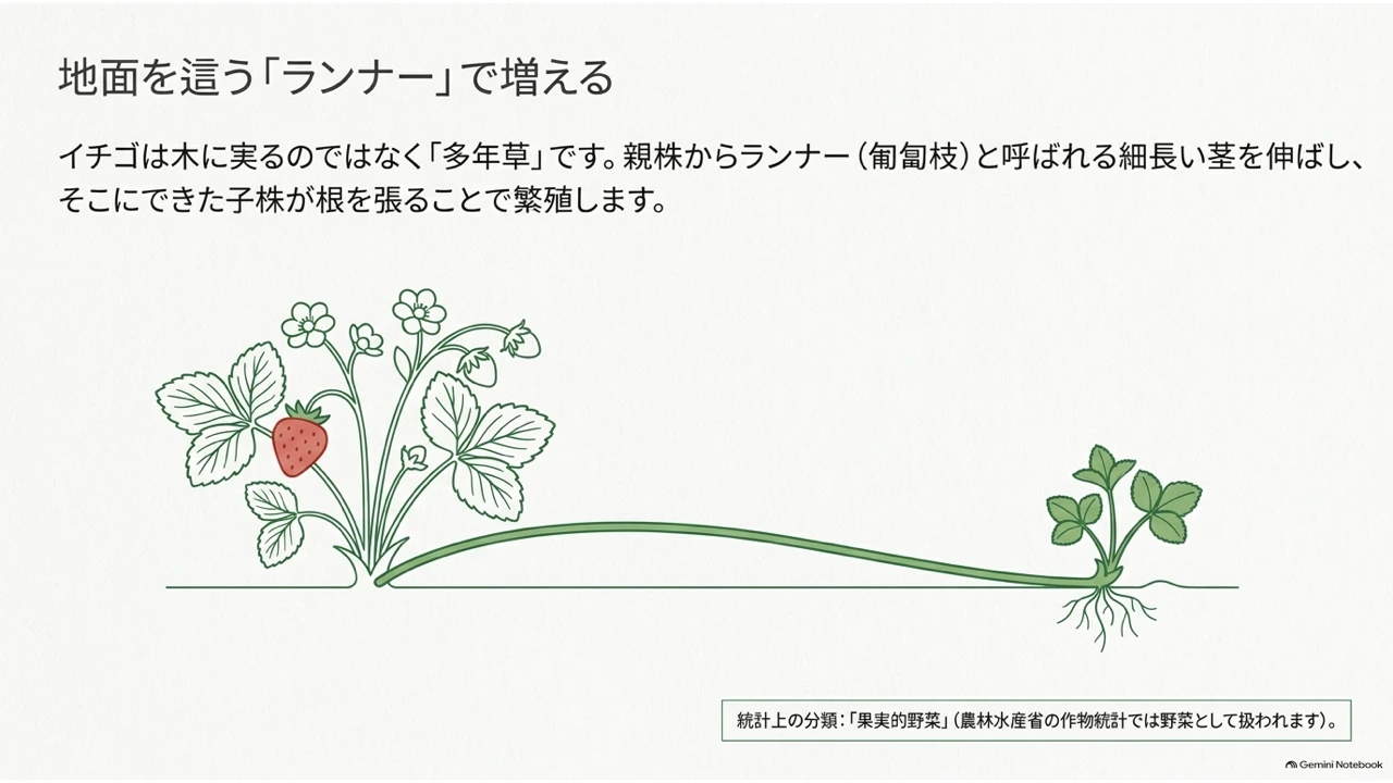 イチゴの親株からランナー（匍匐枝）が伸び、子株が根を張る様子を示したイラスト
