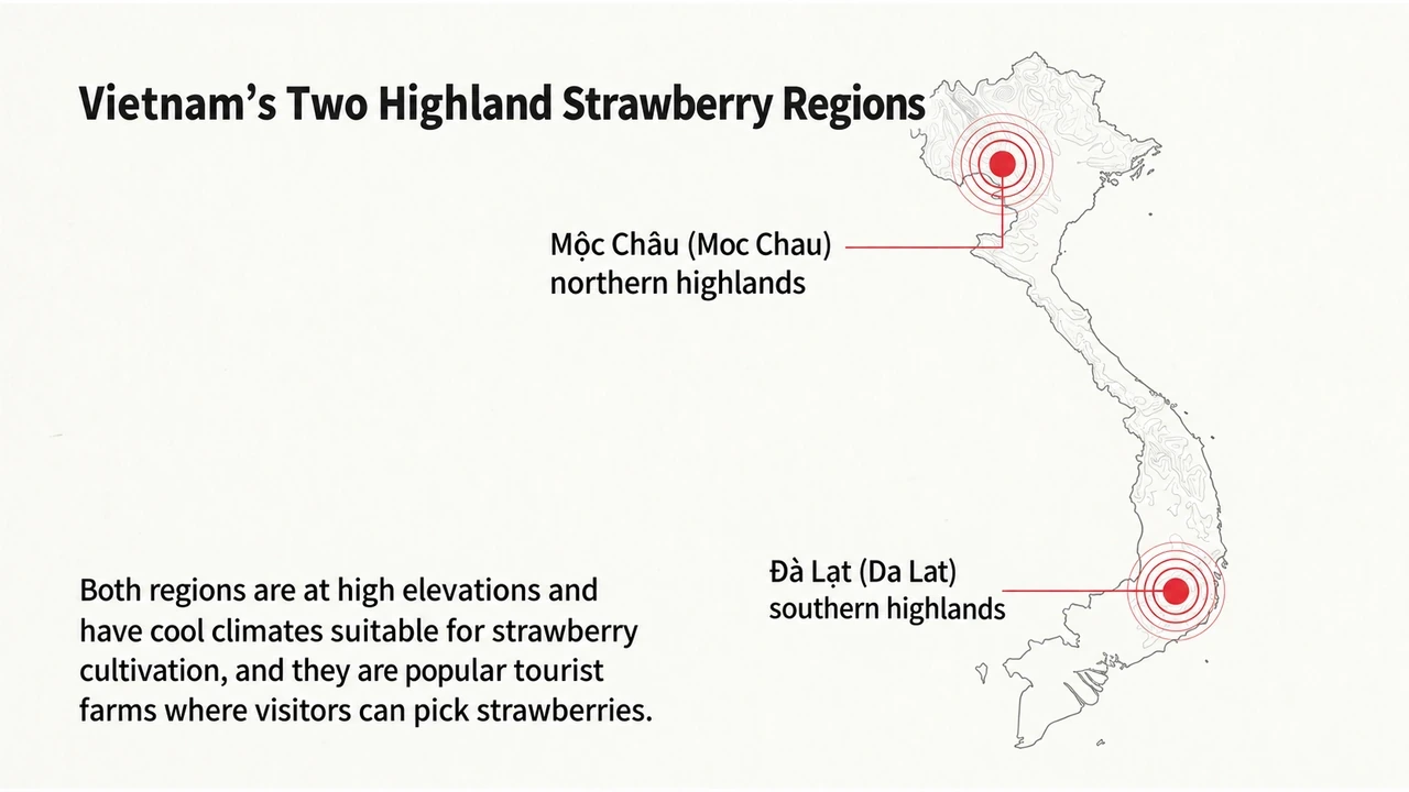 Map-style comparison of Da Lat and Moc Chau as Vietnamese strawberry-growing regions