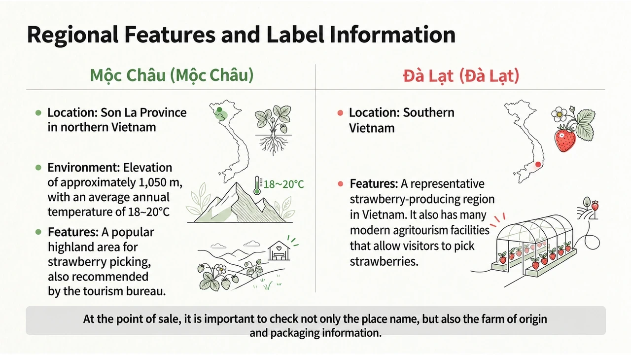 What to check when comparing strawberry labels from Da Lat and Moc Chau