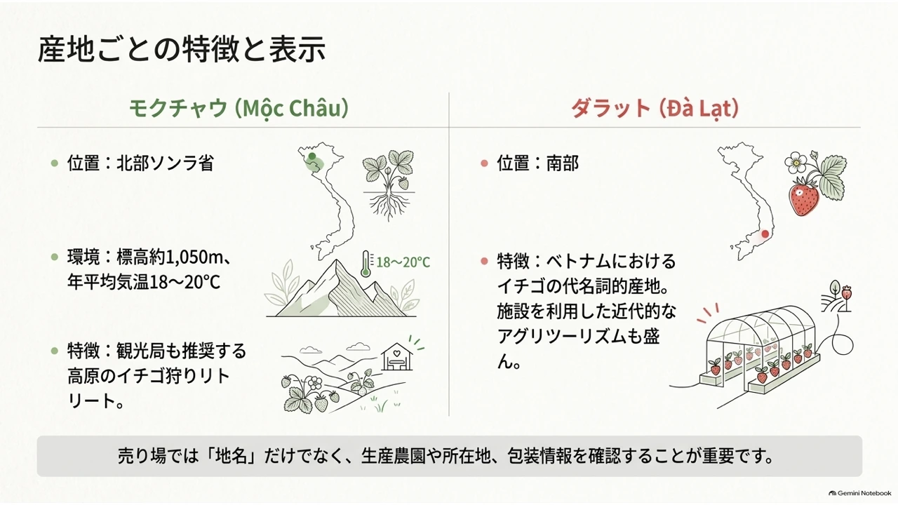 モクチャウとダラットそれぞれの位置・環境・特徴を並べた比較図