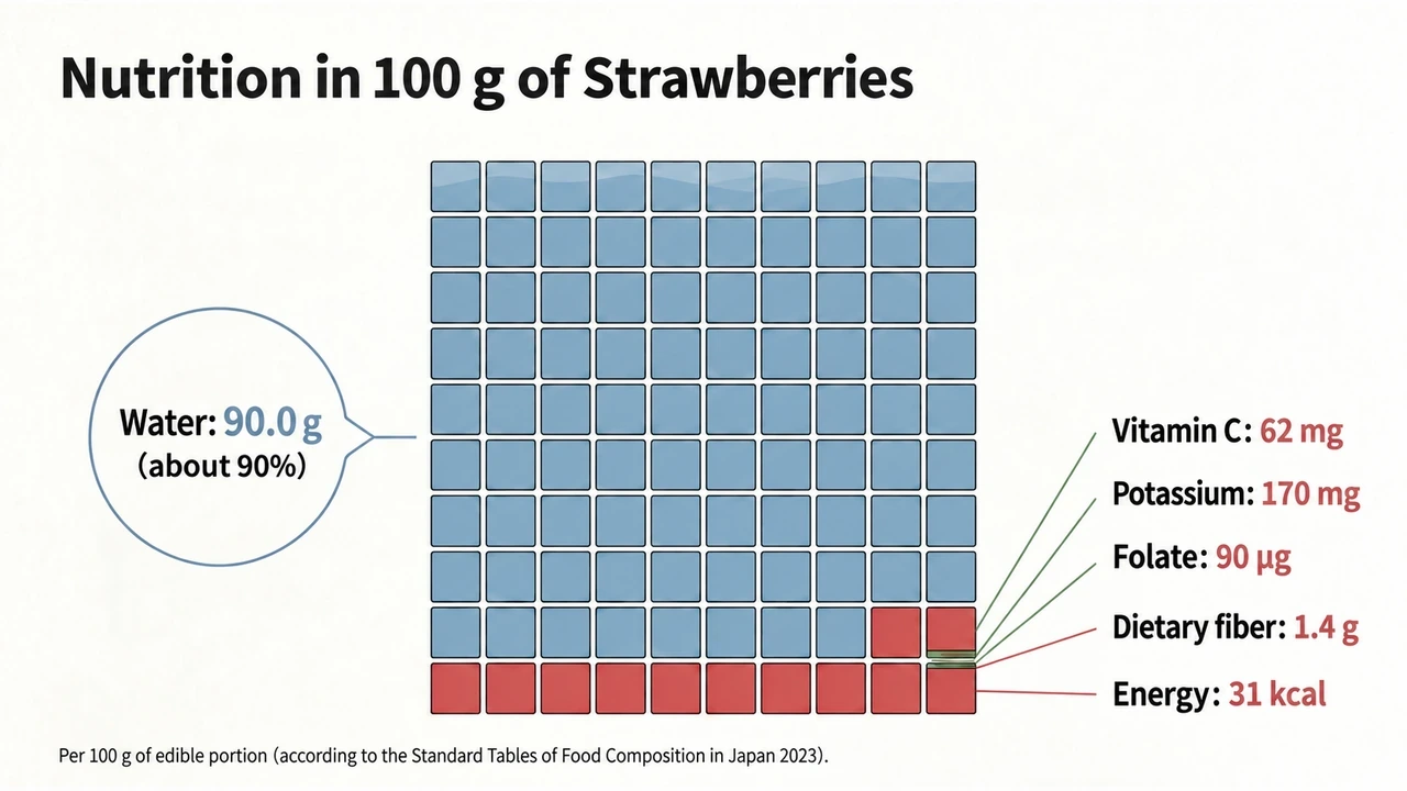 Nutrition values for 100 g of edible raw strawberry