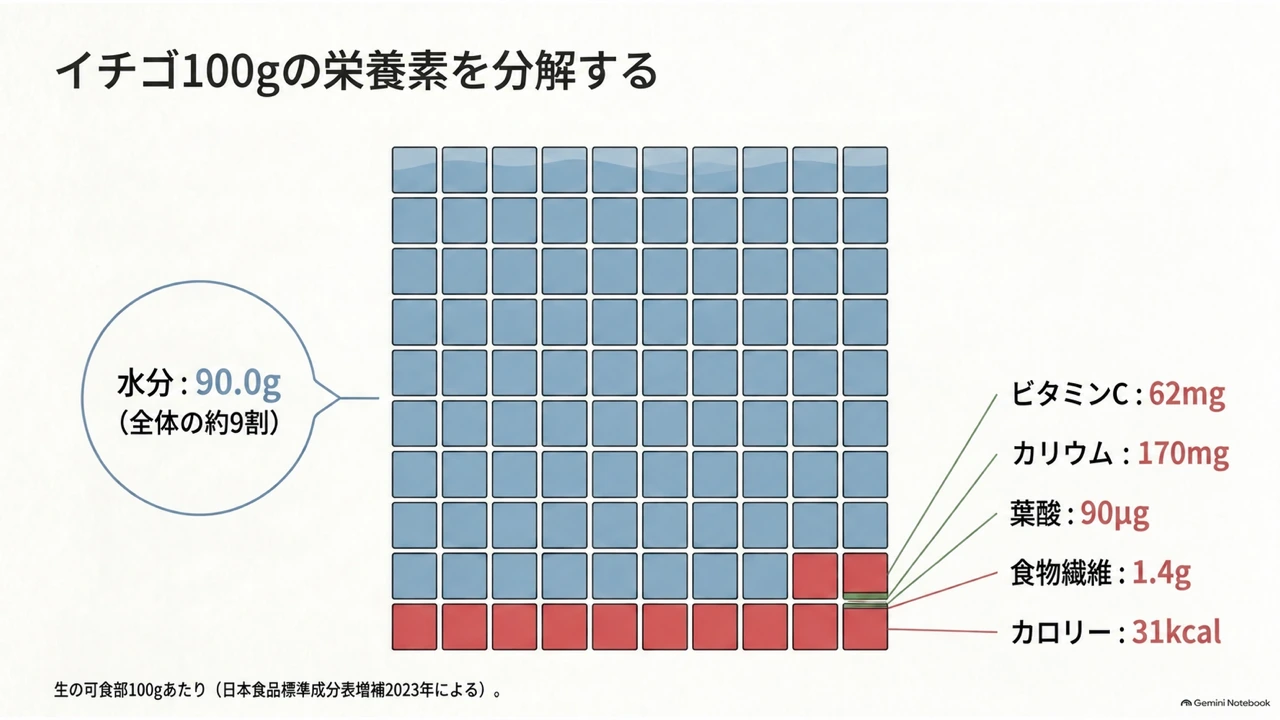イチゴ可食部100gの水分、ビタミンC、カリウム、葉酸、食物繊維、エネルギーを示す図