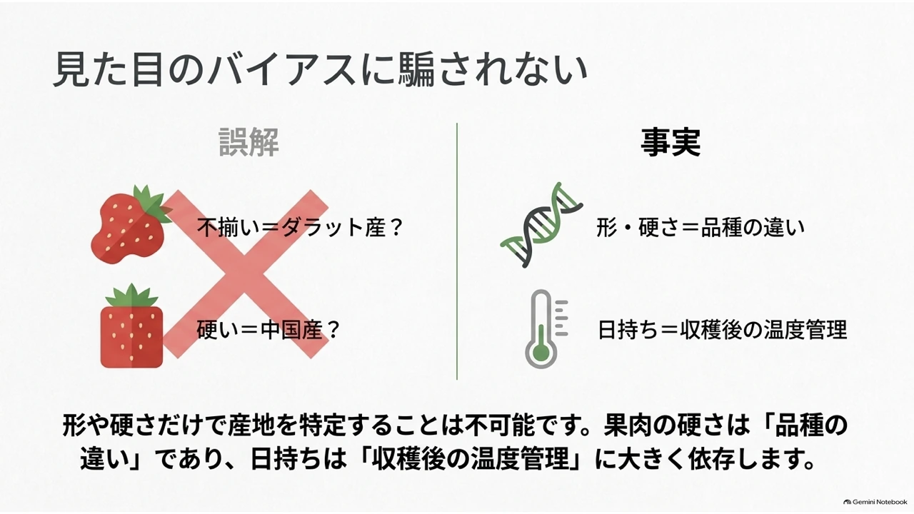 「不揃いならダラット産」「硬ければ中国産」という誤解と、実際には品種差や温度管理が関係することを対比した図