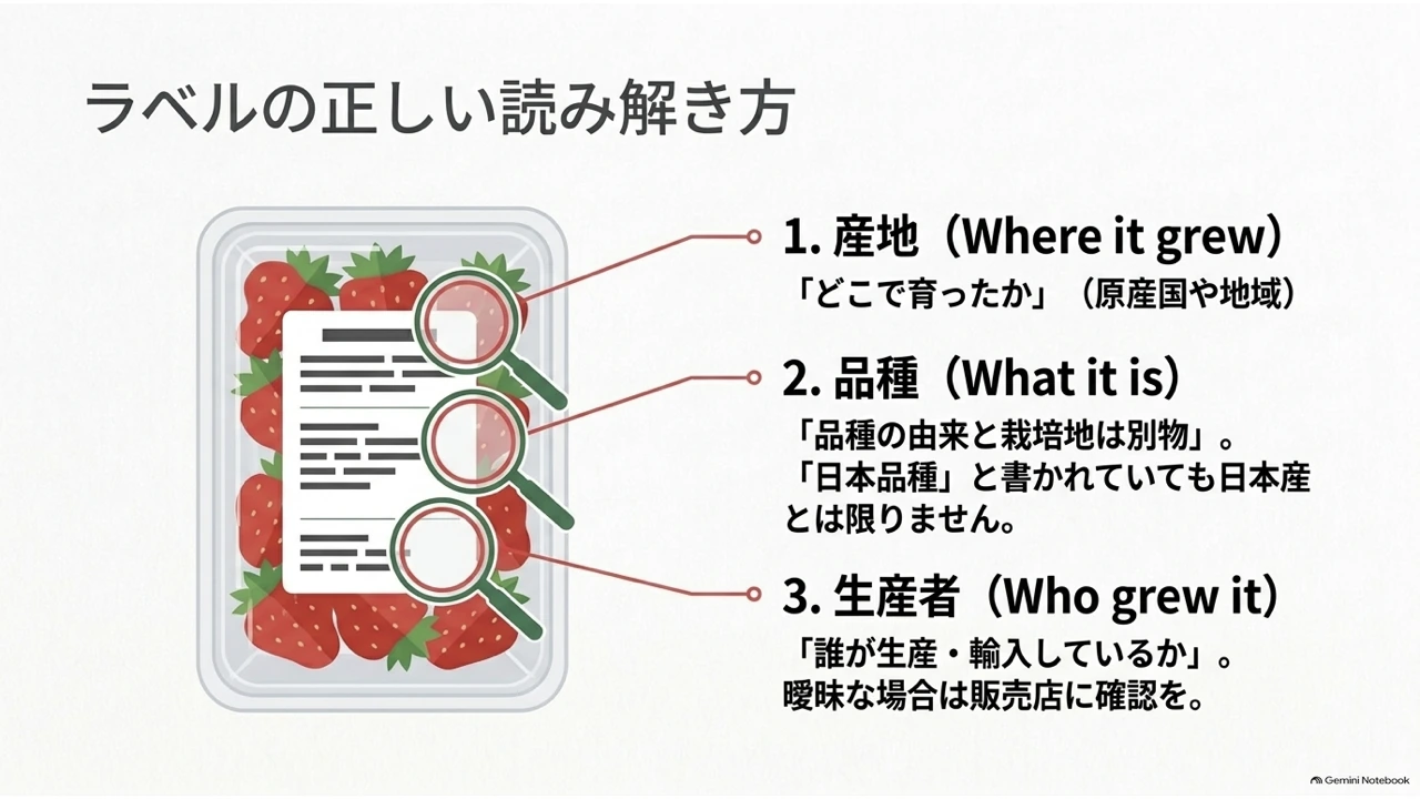 イチゴのパック表示を読み解く3つのポイント（産地・品種・生産者）を示した図