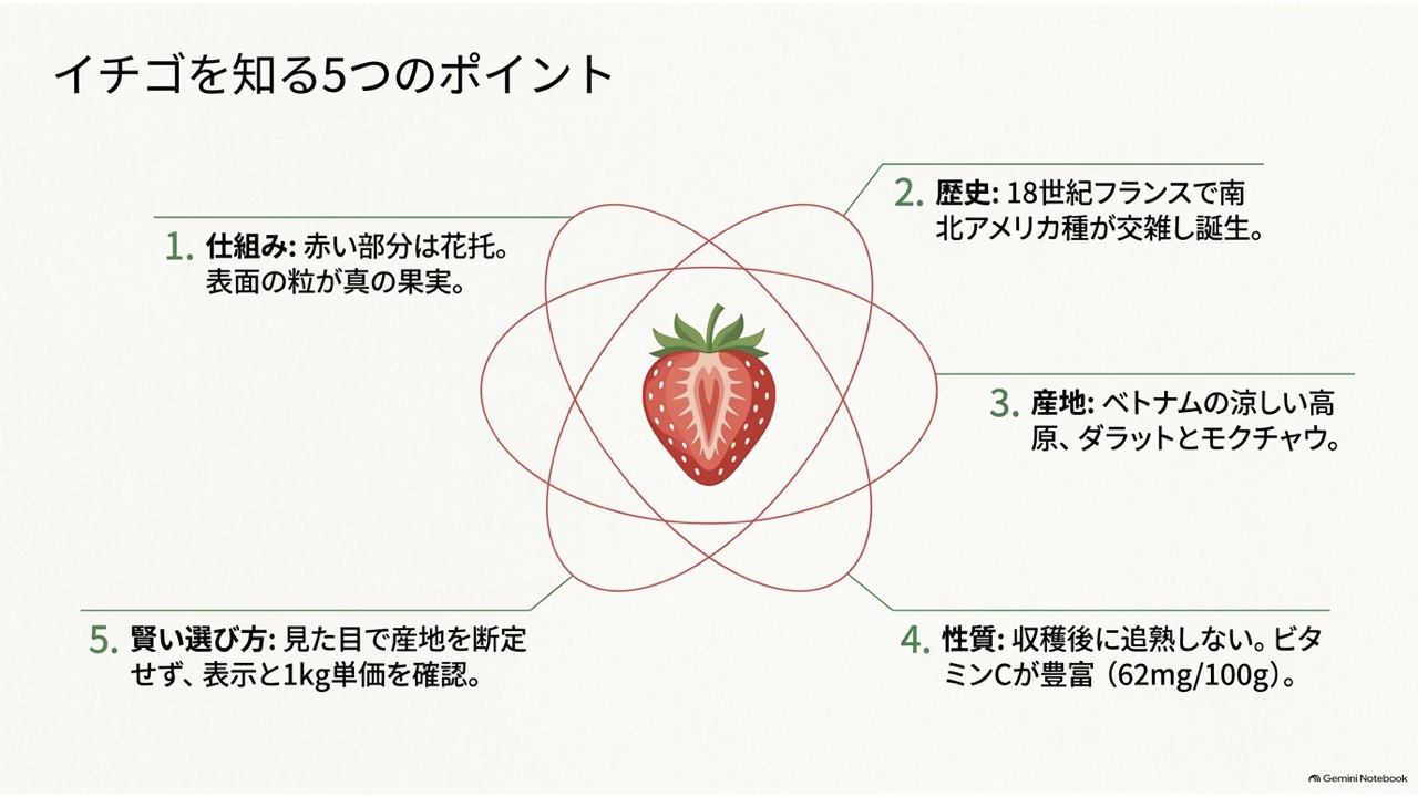 イチゴを知る5つのポイントを花びら状にまとめた図