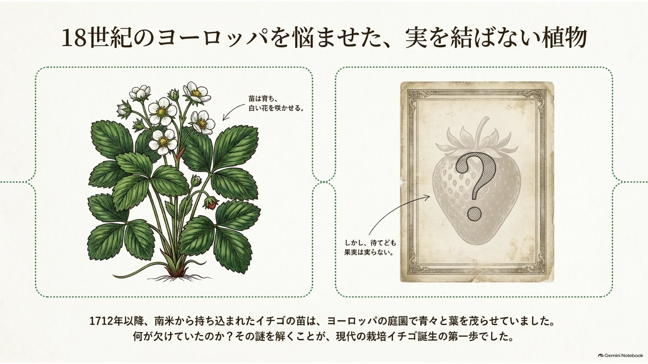 1712年以降、南米から持ち込まれたイチゴの苗が白い花は咲かせるものの実らないまま謎として残っていたことを示す図