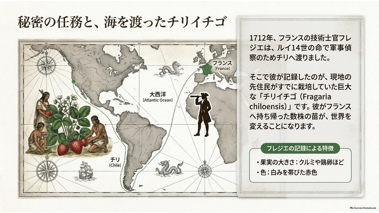 世界地図上にフレジエのチリから フランスへの航路を示し、現地の先住民がチリイチゴを栽培していた様子とフレジエの記録による果実の特徴をまとめた図