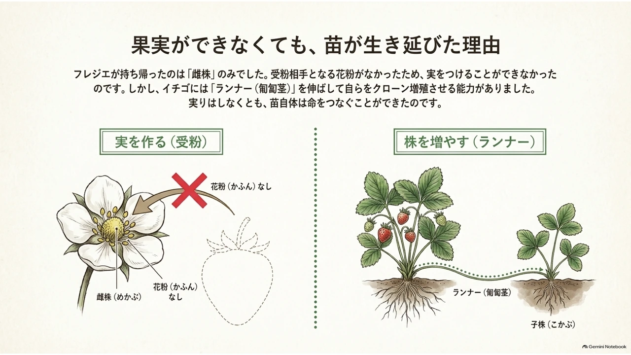 花粉が届かず実を結べない花と、ランナー（匍匐茎）を伸ばして子株を増やす様子を対比した図