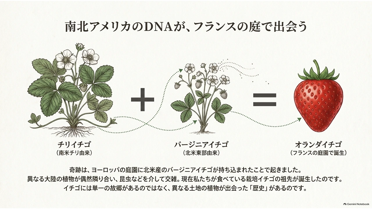 チリイチゴとバージニアイチゴが昆虫を介して交雑し、オランダイチゴが誕生したことを示す図