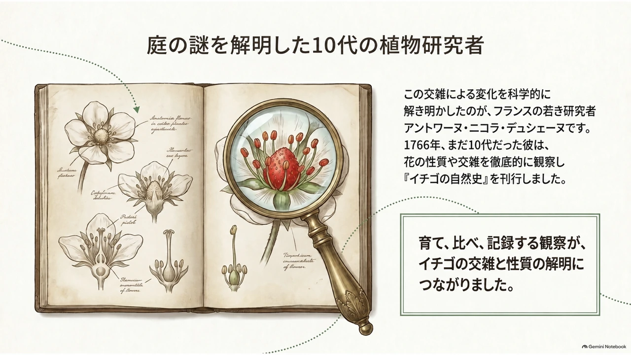 植物図譜と虫眼鏡で、デュシェーヌによるイチゴの観察と研究を表した図
