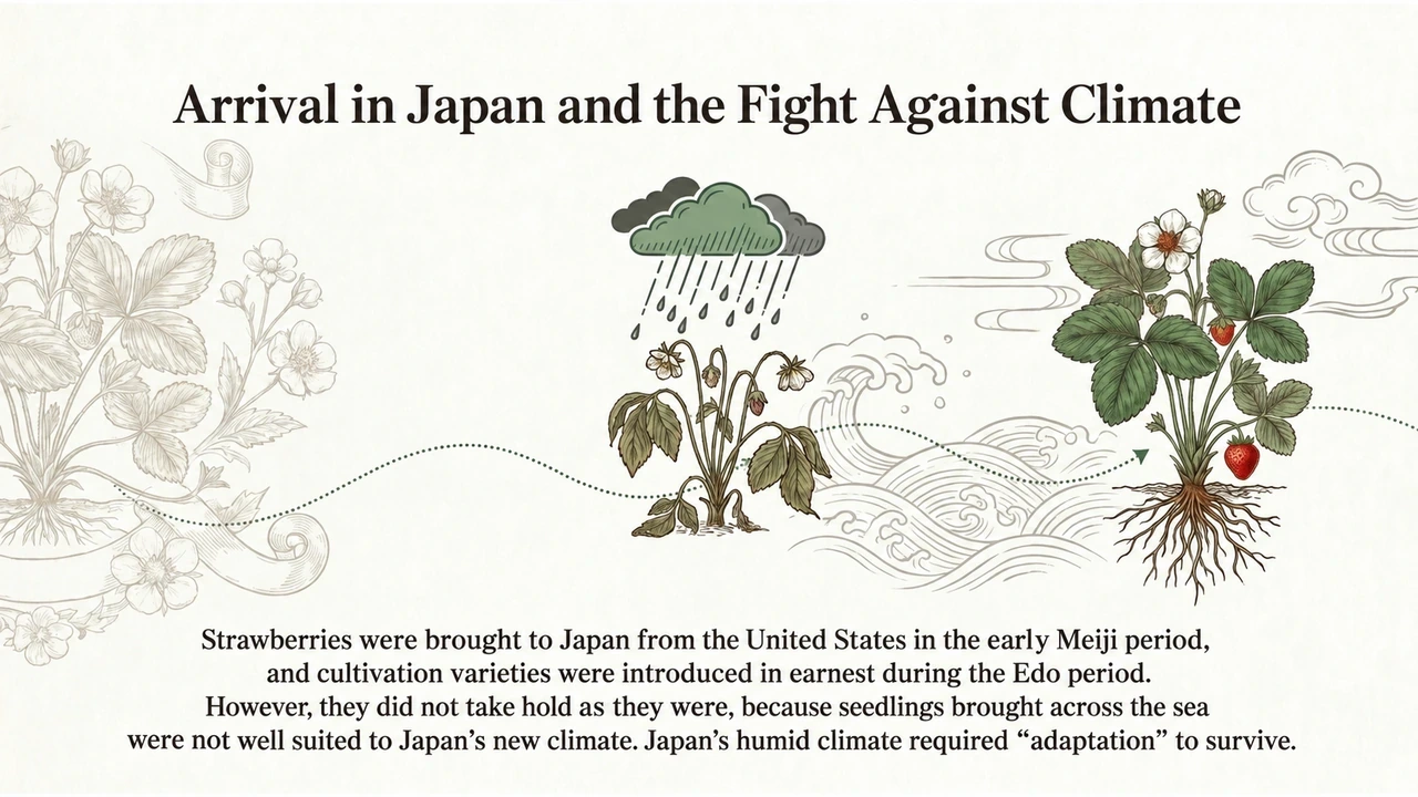Early imported strawberries contrasted with plants adapted to Japanese conditions