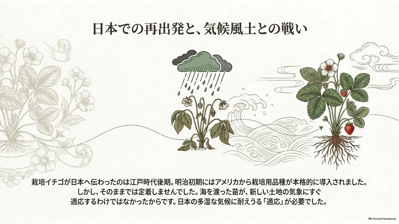 雨に打たれてしおれる輸入初期のイチゴと、日本の気候に適応して実をつける品種を対比したイラスト
