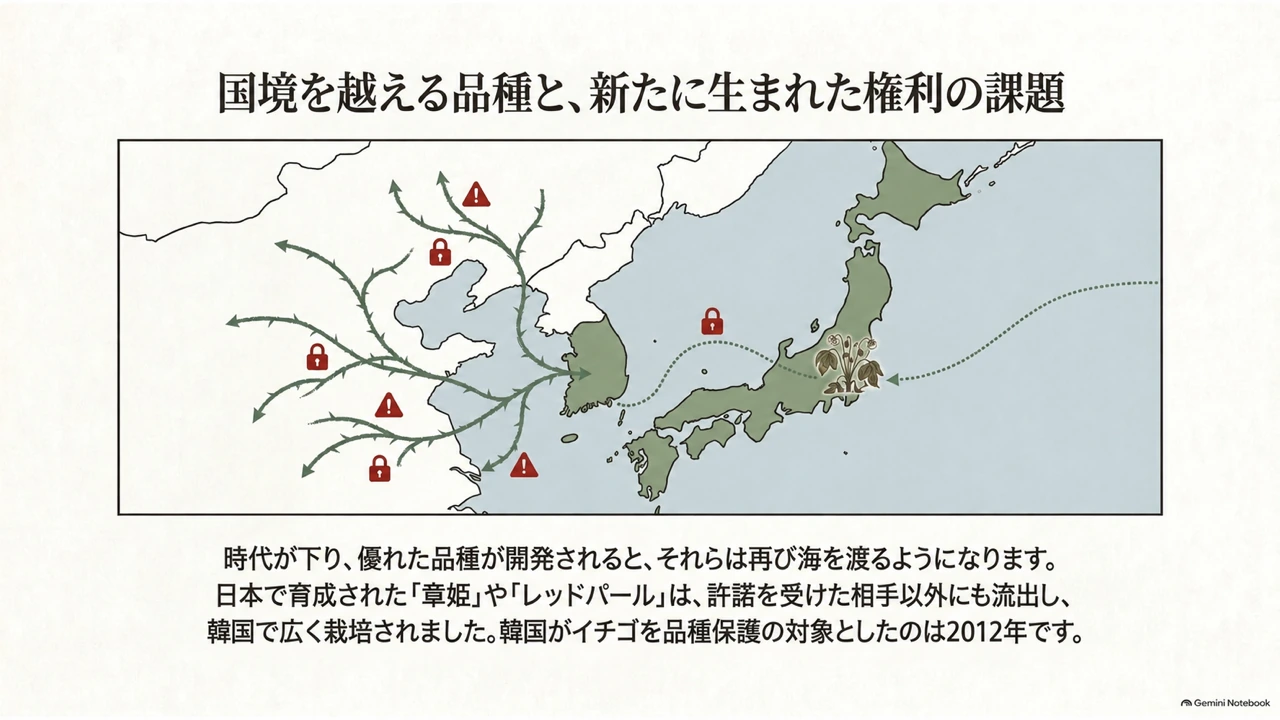 日本で育成されたイチゴ品種が国外へ渡り、育成者権の課題が生じた経緯を示す東アジア地図